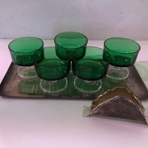 Vintage Green Glass Set with Tray and Free Napkin holder.